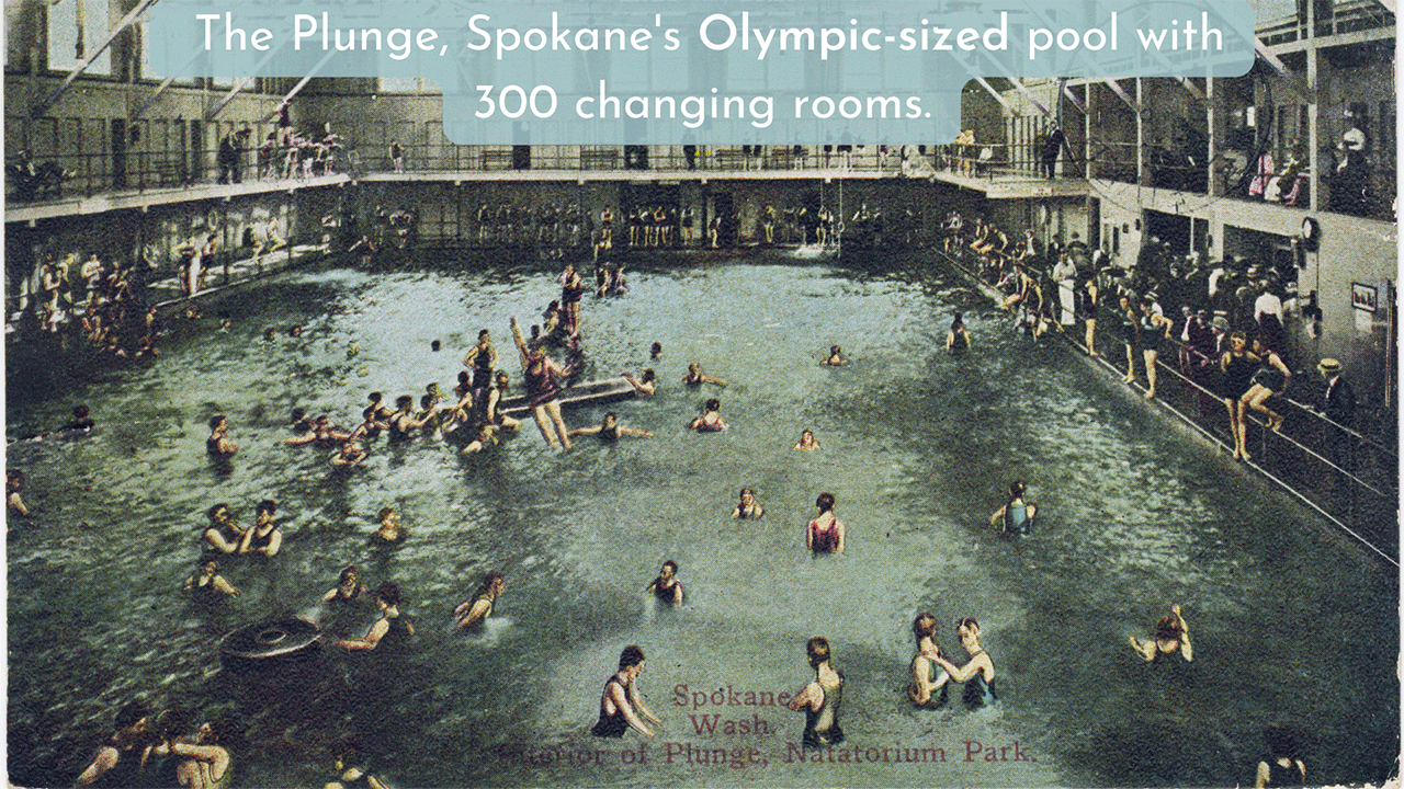 1910 postcard show casing The Plunge, Spokane's Olympic-sized indoor pool that had 300 changing rooms and was located inside the Natatorium Park. Residents in bathing costumes swim and socialize along the second story balcony.