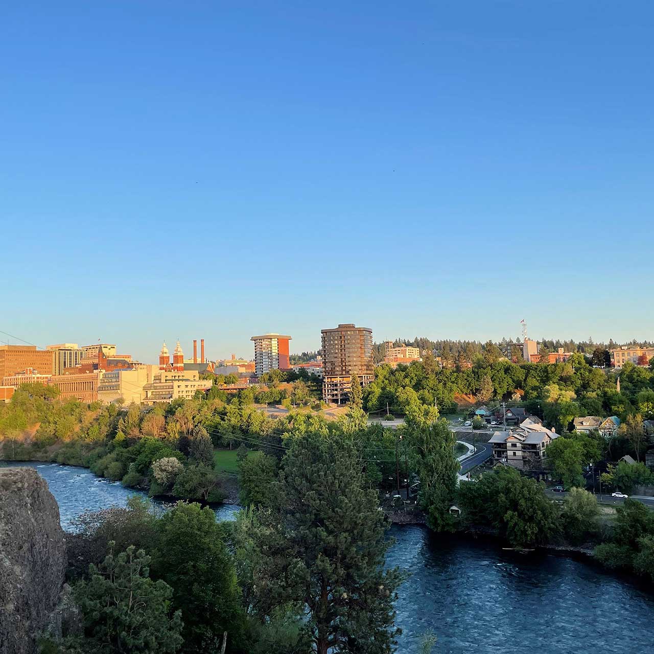 View of Downtown Spokane and Spokane River at Sunset