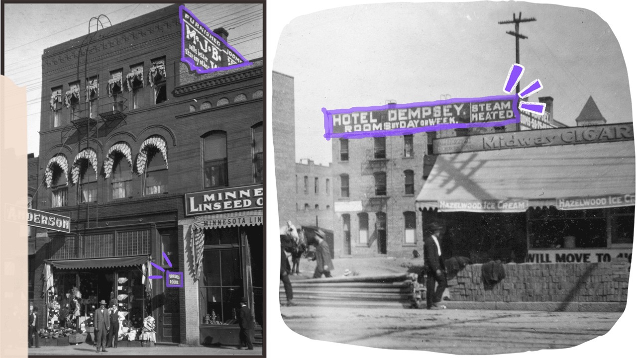 Left: 1907 photo showing James Anderson and Company's clothing business at 9 South Post Street, with an advertisement for furnished rooms at 11 South Post street painted atop the brick building. Right: 1907 photo showing construction of the Kemp and Hebert building on the northwest corner of Main and Washington; highlighted behind it is the Hotel Dempsey on Front Street (now Trent Street) advertising steam heat and rooms by the day or week.