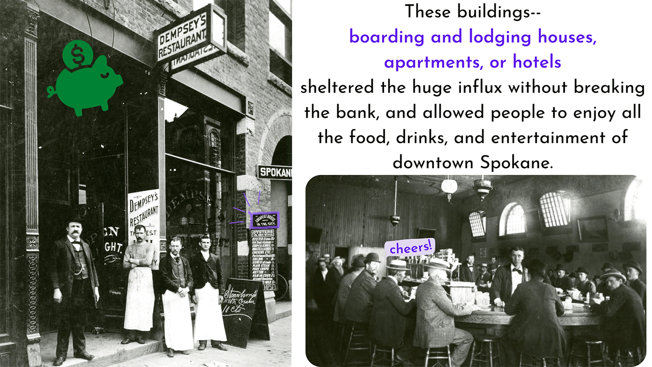 Left: 1895 photo of Charles C Dempsey and employees outside of Dempsey's Restaurant at 523 West Main Street. Highlighted is an advertisement for the hotel as the "cheapest house in the city" as well as the restaurant's menu. Right: 1897 photo of the inside of Dempsey's Restaurant full of male patrons sitting along the bar eating and drinking.