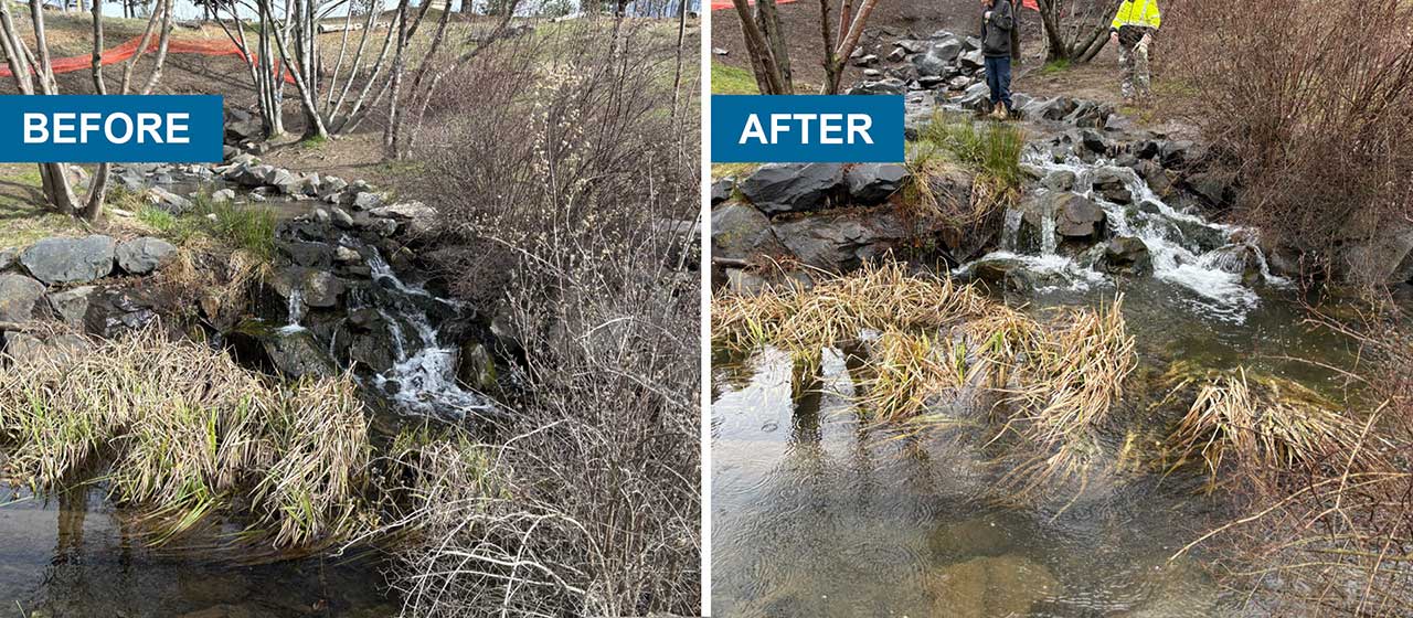 Before and After photos of a nearby stream with increased water flow after the the pipe was repaired