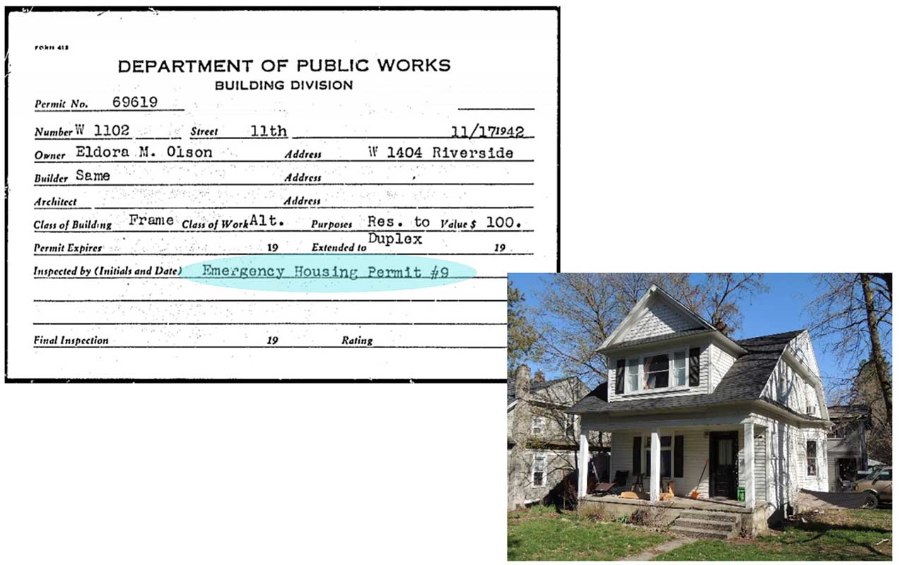 A Department of Public Works building permit dated 1942 next to a modern photo of the same house. The permit is for an emergency housing permit to convert the house into a duplex.
