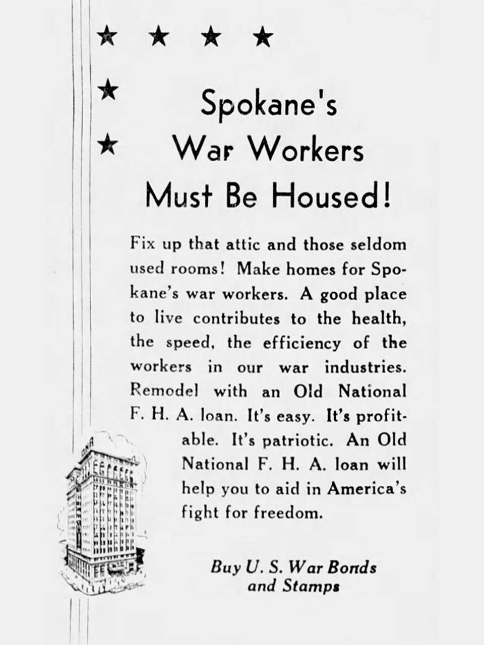 A flyer asking Spokane residents to support the war effort by adding dwelling units to their home. The title reads, "Spokane’s War Workers Must Be Housed!"