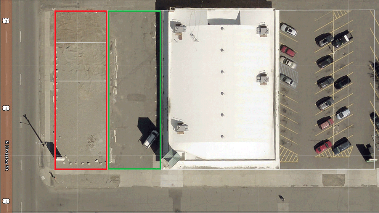 P2P Example 1: Green areas show parking that is likely eligible for the Underutilized Urban Land Sales and Use Tax Deferral.