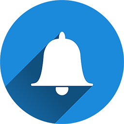 A white notification bell icon on a circle with a blue background color