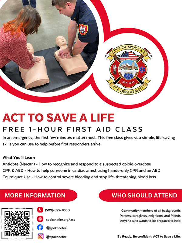 ACT to Save a Life, Free 1-hour first aid class. ACT: Antidote (Narcan), CPR and AED, Tourniquet Use.