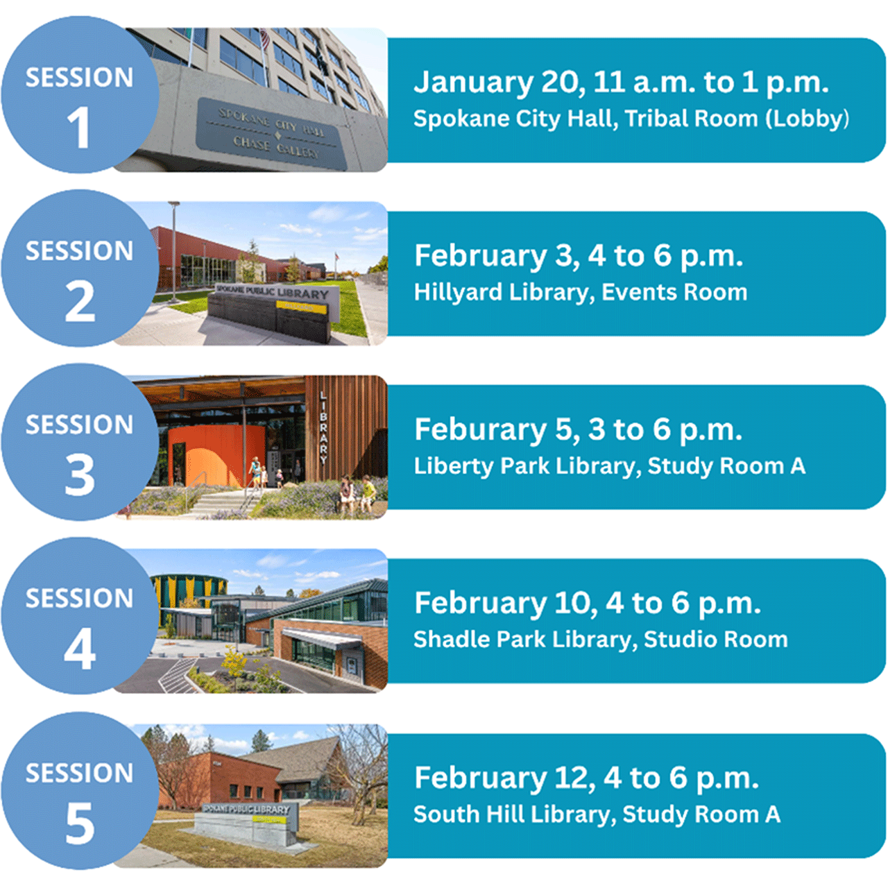 PlanSpokane Listening Hour Sessions. Session 1: When: January 20, 11 a.m. to 1 p.m. Where: Spokane City Hall, Tribal Room (Lobby). Session 2: When: February 3, 4 to 6 p.m. Where: Hillyard Library, Events Room. Session 3: When: February 5, 3 to 6 p.m. Where: Liberty Park Library, Study Room A. Session 4: When: February 10, 4 to 6 p.m. Where: Shadle Park Library, Studio Room. Session 5: When: February 12, 4 to 6 pm. Where: South Hill Library, Study Room A.