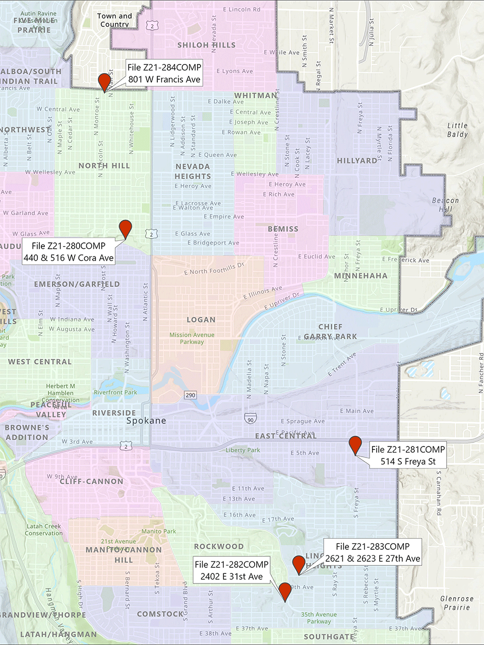 A map of Spokane showing a drop pin for each private application under review for the 2021/2022 Comprehensive Plan Amendments cycle.