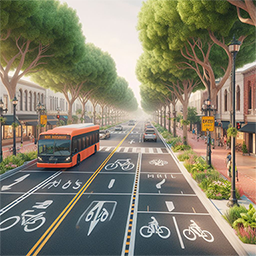 Bikable tree-lined boulevard with bus lanes, protected bike lanes, clearly marked traffic controls that connect small business