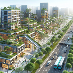 Walkable mixed residential and commercial spac with greenery and public transportation access