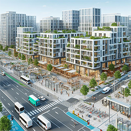 Mixed-use block supportive of transit