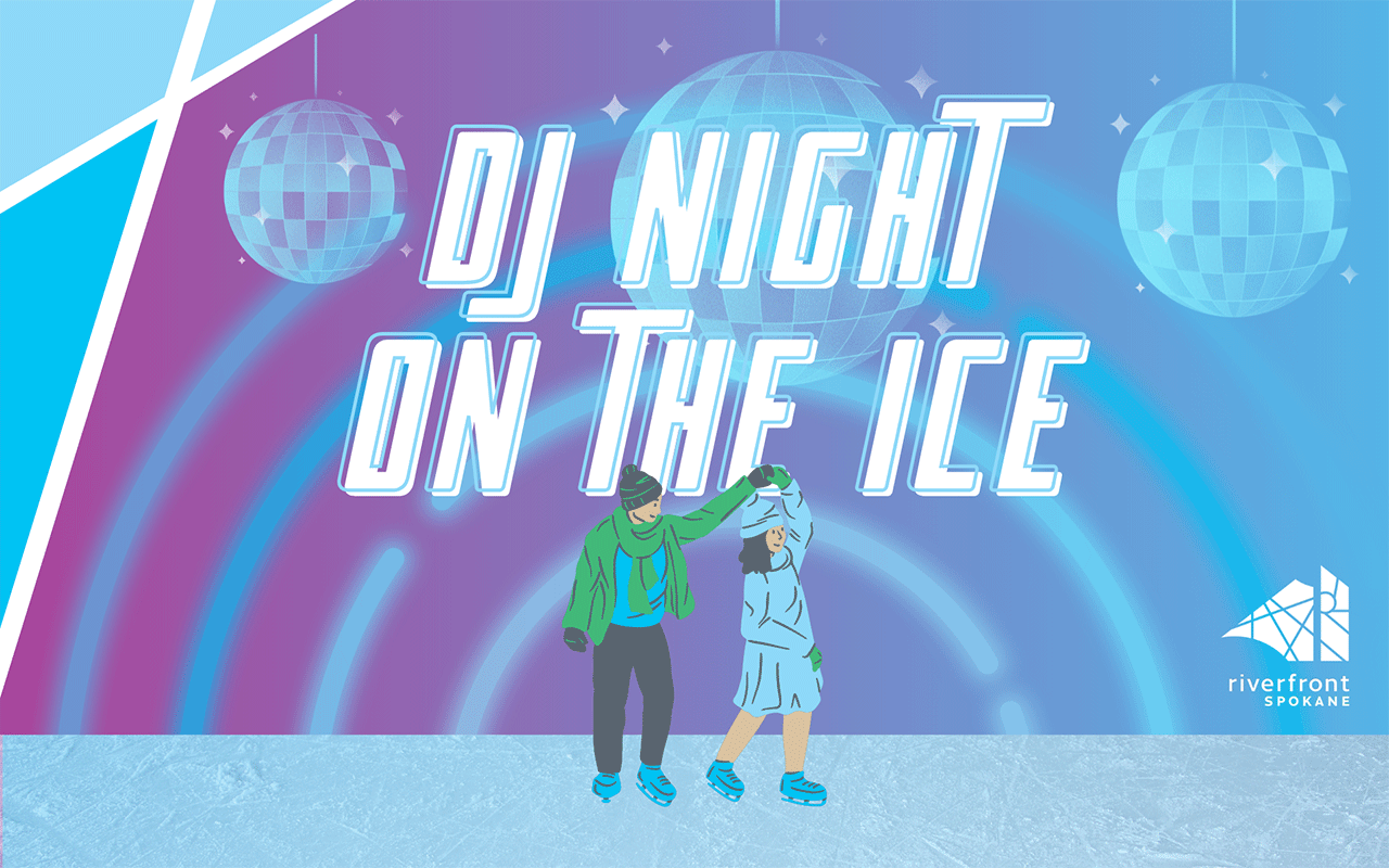 Illustration of two ice skaters dancing under three disco balls.