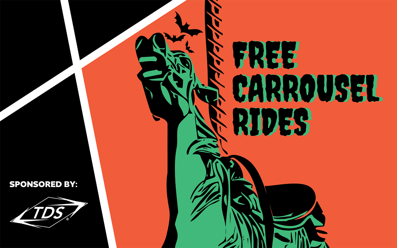 Halloween-style illustration of a carrousel horse, including bats, advertising free carrousel rides sponsored by TDS Fiber.
