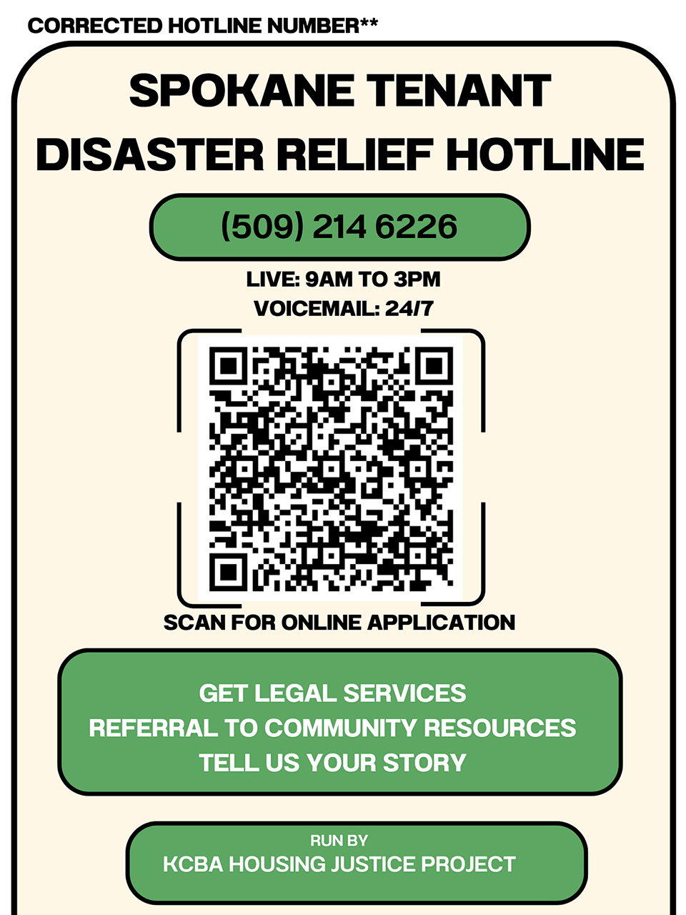Spokane Tenant Disaster Relief Hotline Flyer - Call 509-214-6226