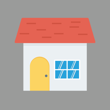A house with red roof, blue window, and yellow front door icon