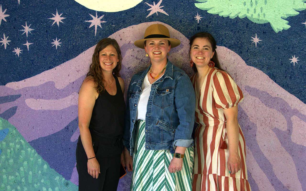 From left to right Holly-Thompson Duffy Cara Halladin and Artist Corinna Ren